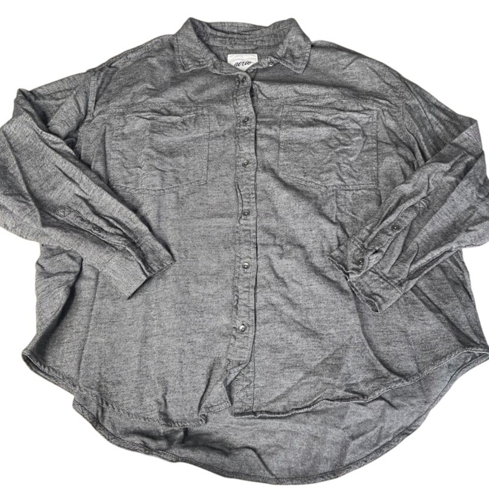 Aerie Women's XL Long Sleeve Button Down Shirt Gray Chambray Pockets